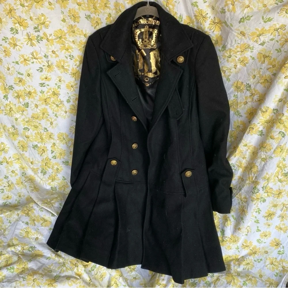 Guess Black Trench Coat with Gold Accents - Picture 1 of 6